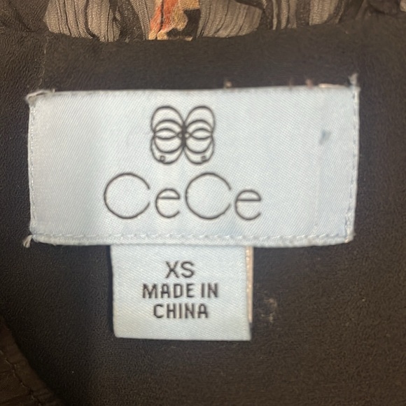 Cece Lava Flower on Black Flutter Sleeve Blouse Chiffon Lined Ruffles Size XS - Picture 11 of 12